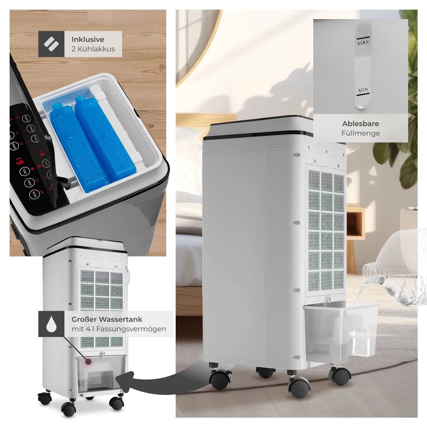 Weißes Tectake Notos mobiles Klimagerät mit Rollen, Wassertank, Kühlakkus und Touch-Bedienfeld für Kühlung.