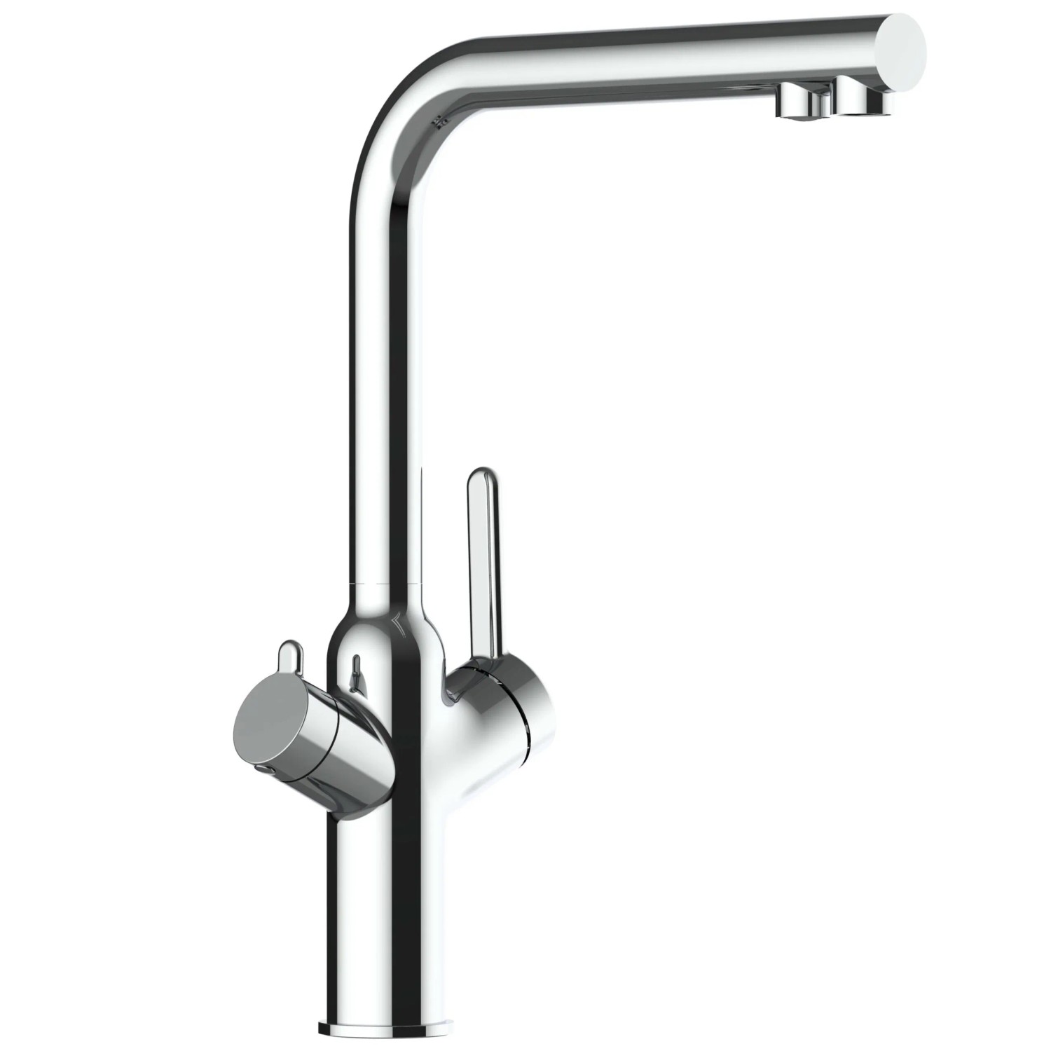 VIZIO 3-Wege Küchenarmatur verchromt mit schwenkbarem Auslauf für Kalt-, Warm- und Filterwasser.