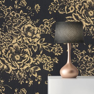 Tadessi Vliestapete Florentin mit Blumenmuster in Gold und Schwarz.