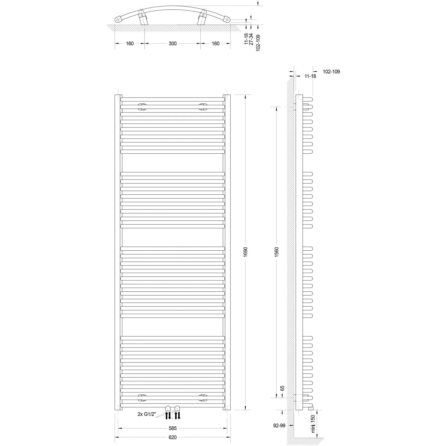 Technische Zeichnung: Schulte Design-Heizkörper mit Mittenanschluss, Maße und Details.