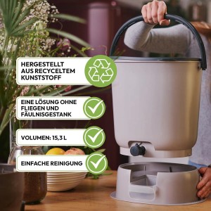 Skaza Bokashi Essential 2er Set, hellgraue Kompostbehälter mit Henkel und Abtropfschale.