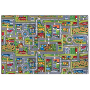 Bunter Snapstyle Kinderteppich Abenteuerland mit Straßen, Häusern und Spielplätzen, 160x200 cm.