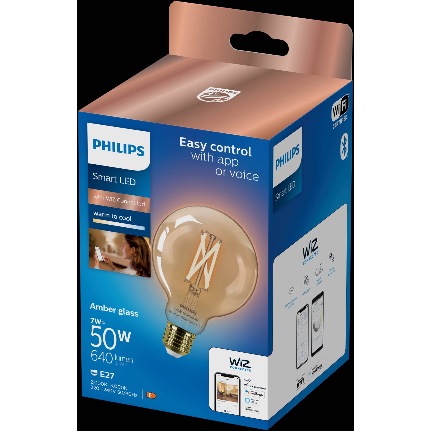 Philips Smart LED-Leuchtmittel, 7W, E27, Globe Filament G95 Amber im Einzelpack.