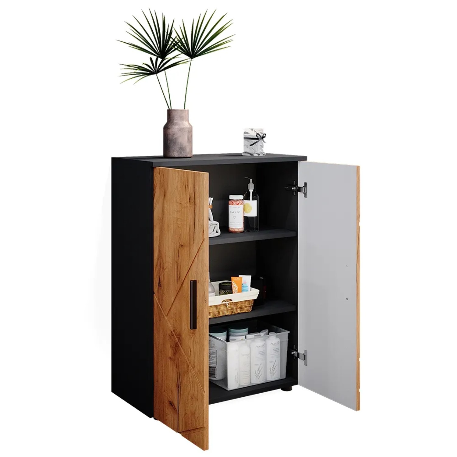 Vicco Midischrank Irma in Anthrazit/Goldkraft Eiche, Badregal mit zwei offenen Türen und drei Einlegeböden.