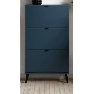 Blauer Schuhschrank Aldan, 70x125 cm, mit 3 Klappen, schwarzen Griffen und Holzfüßen. Modernes Flurmöbel.