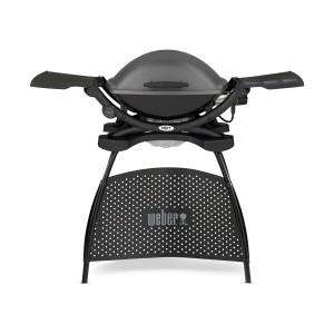 Weber Q 2400 Stand-Elektrogrill, dunkelgrau, mit Seitentischen und Grillgestell.