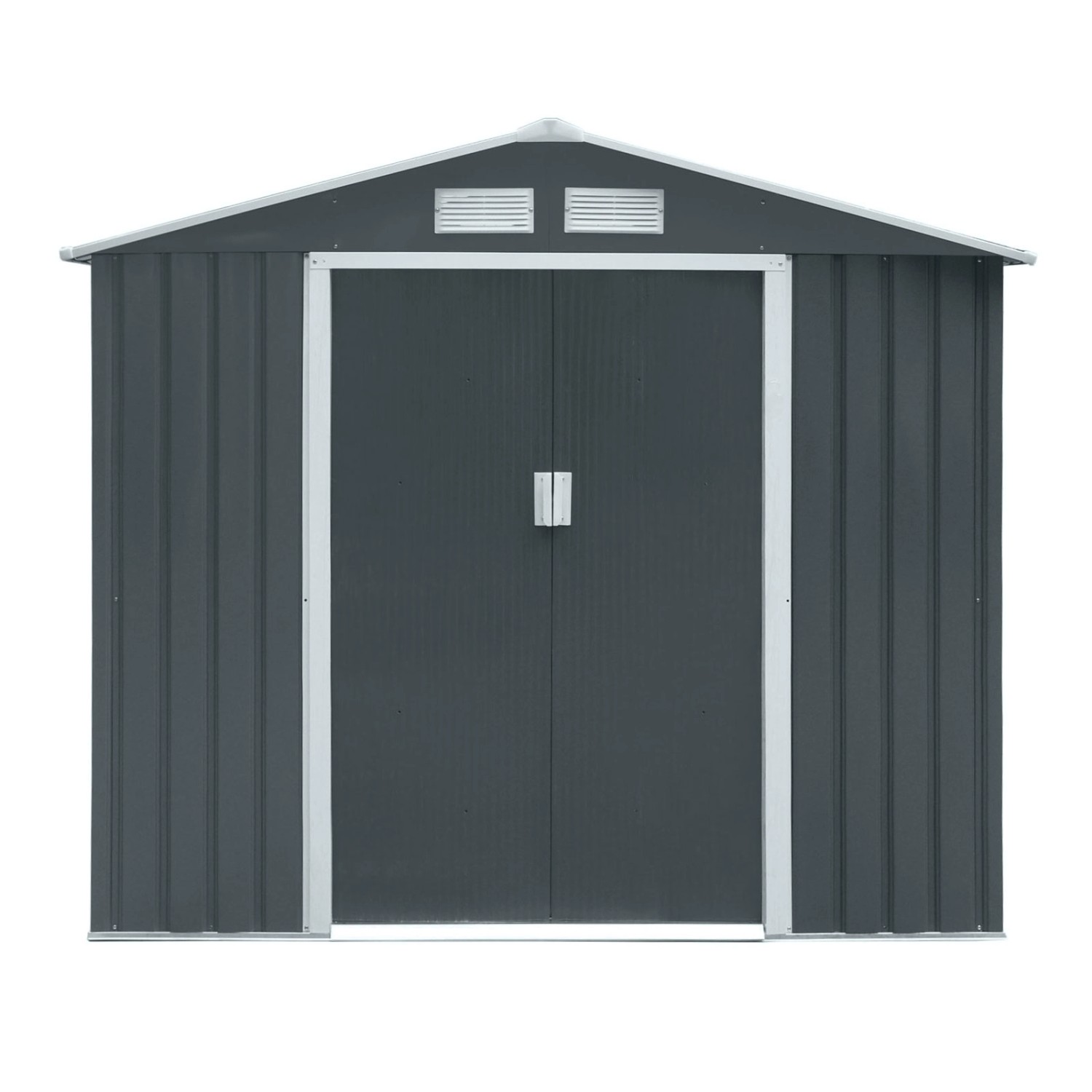 Hattoro S100 Metall Gerätehaus XL, grauer Geräteschuppen mit Satteldach und Schiebetüren.