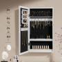 Offener, weißer Songmics Schmuckschrank Berit zur Wandmontage mit Schmuck und Kosmetikartikeln.