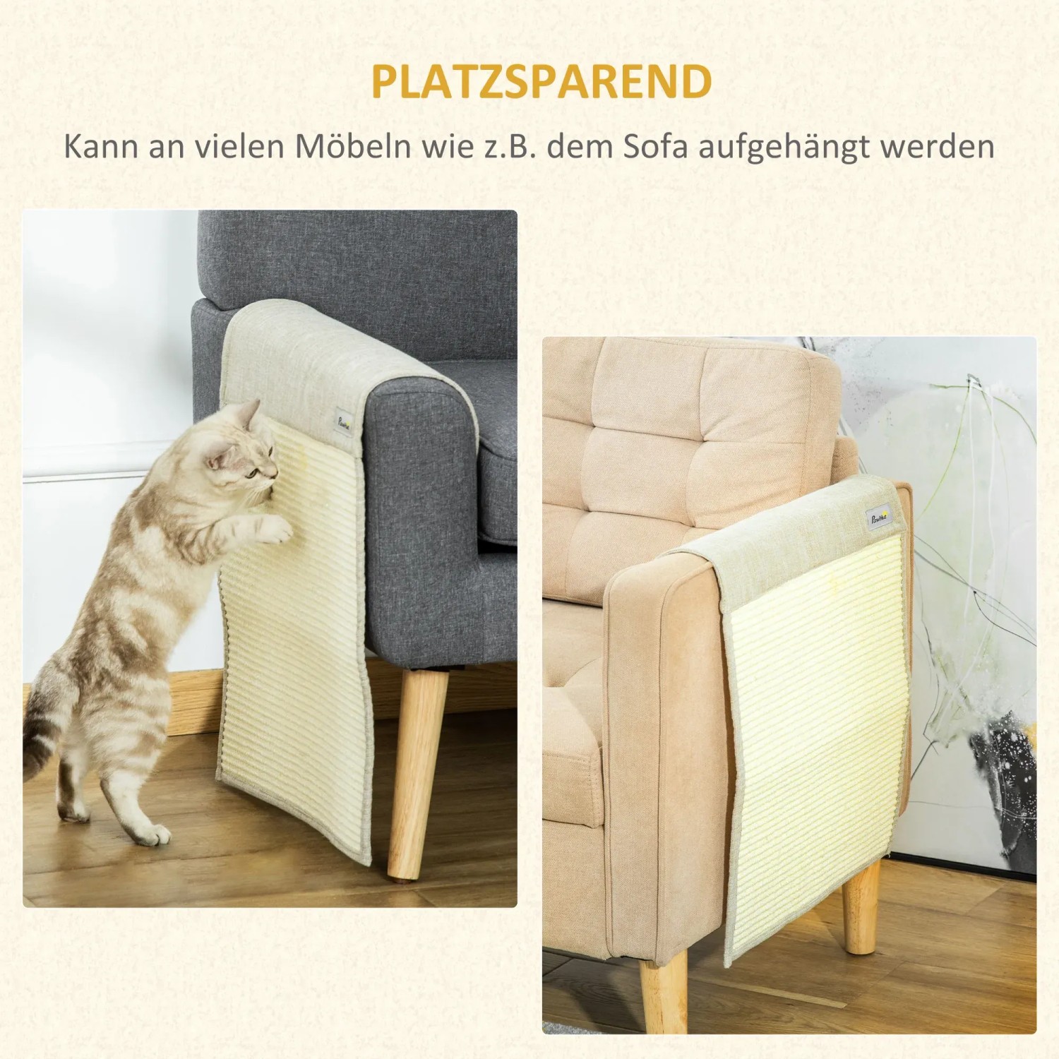 PawHut Kratzmatte 2er-Set am Sofa: Sisal Kratzteppich für Katzen zum Schutz der Möbel.