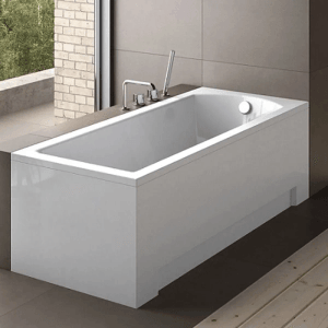 Rechteckige, weiße Bad Land Badewanne MODERN 150x70 mit Acrylschürze und Ablauf.