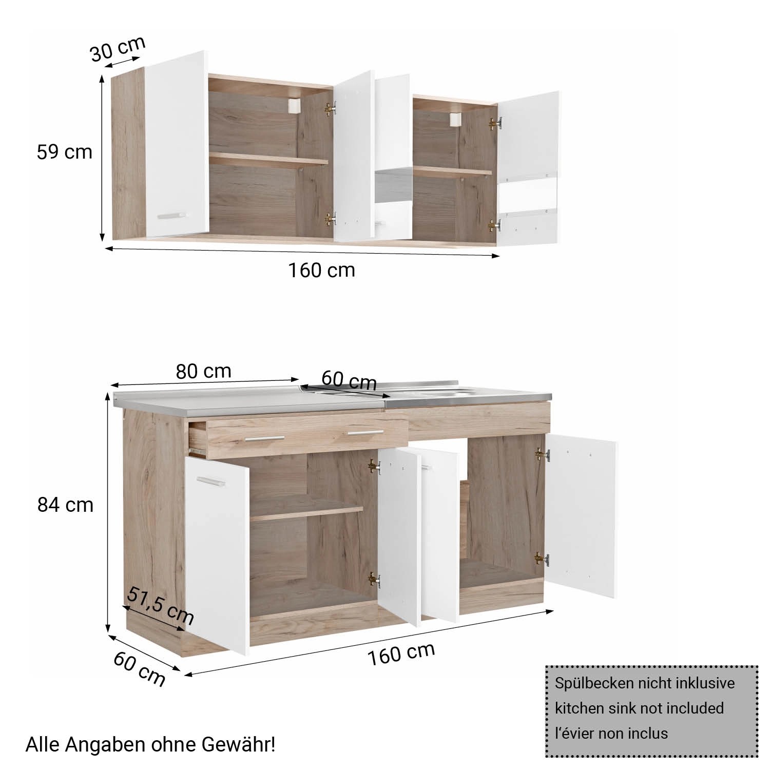 Homestyle4u Moderne Küche ohne Geräte 160x206,5x60 cm in Eiche Braun 2354_3