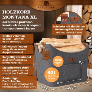 BLACK OAK Holzkorb MONTANA XL 60L Grau aus Filz mit Echtleder Applikationen – Kaminholzkorb für Brennholz Stabil mit Griffen Innenbereich