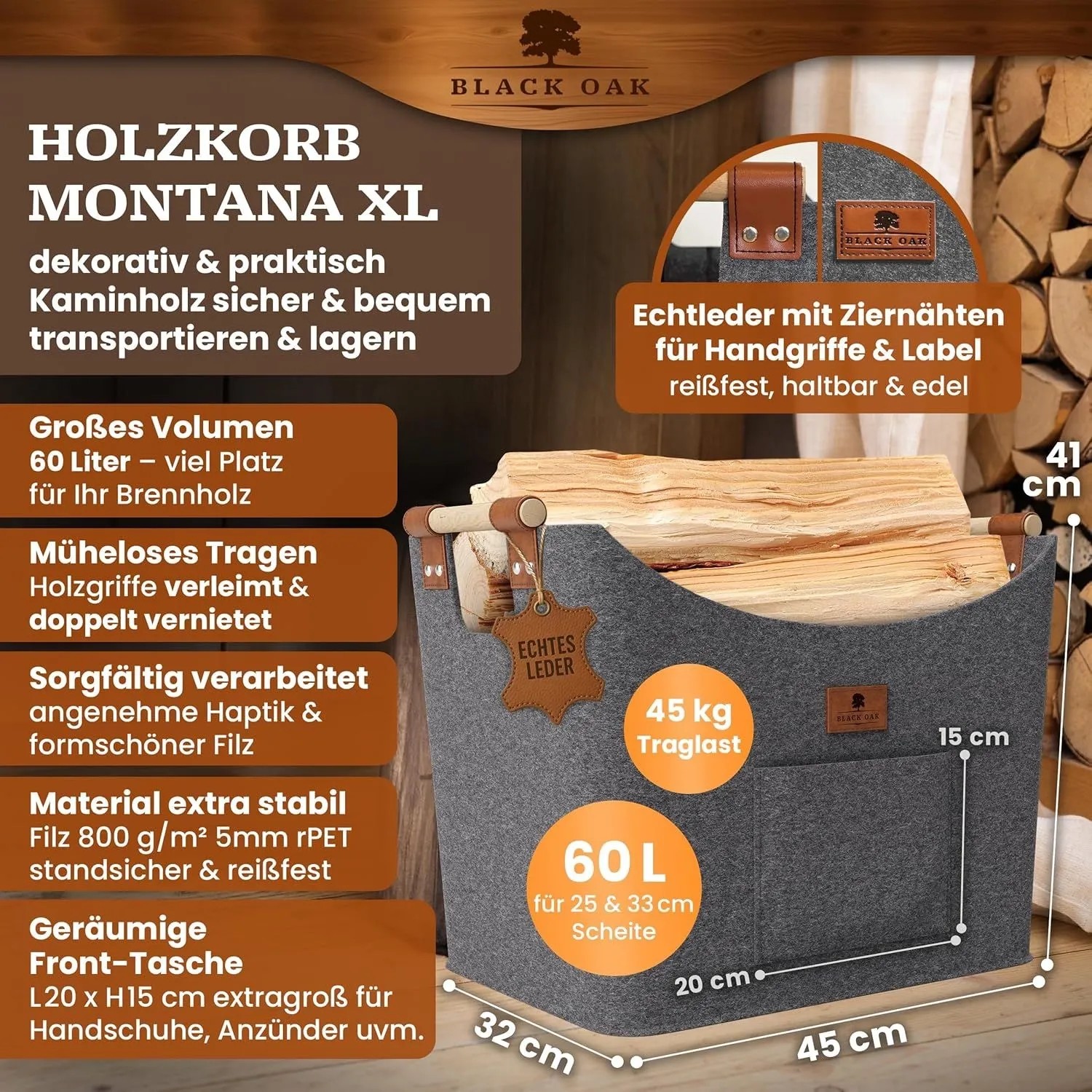 BLACK OAK Holzkorb MONTANA XL 60L Grau aus Filz mit Echtleder Applikationen – Kaminholzkorb für Brennholz Stabil mit Griffen Innenbereich_2
