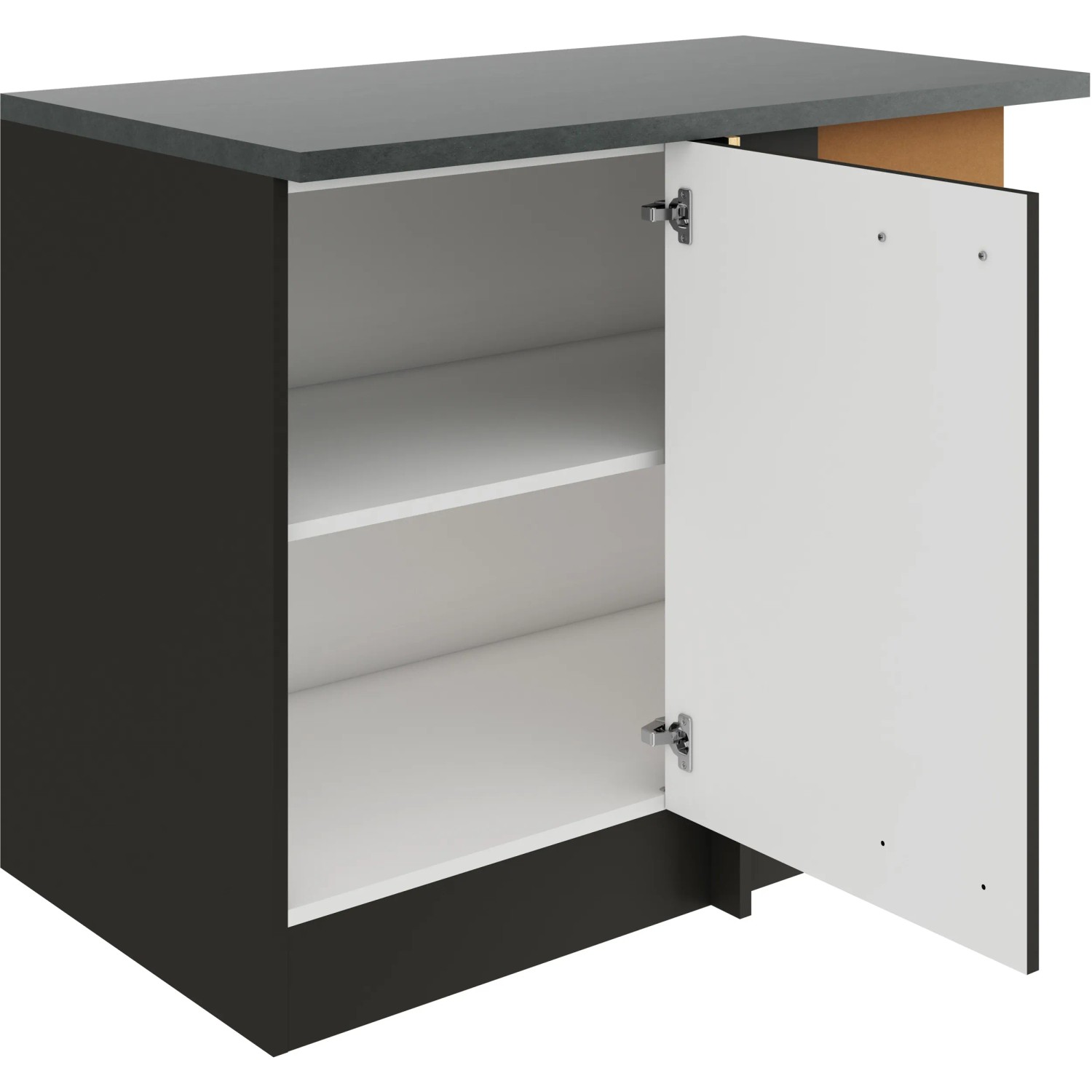 OPTIFIT Madrid420 Eckunterschrank, 110 cm, Anthrazit Matt, mit offener Tür und Einlegeböden.