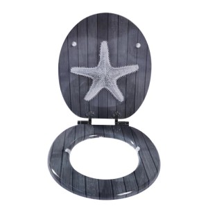 Dunkelgrauer WC-Sitz mit Holzdekor und weißem Seestern auf dem Deckel, Absenkautomatik.