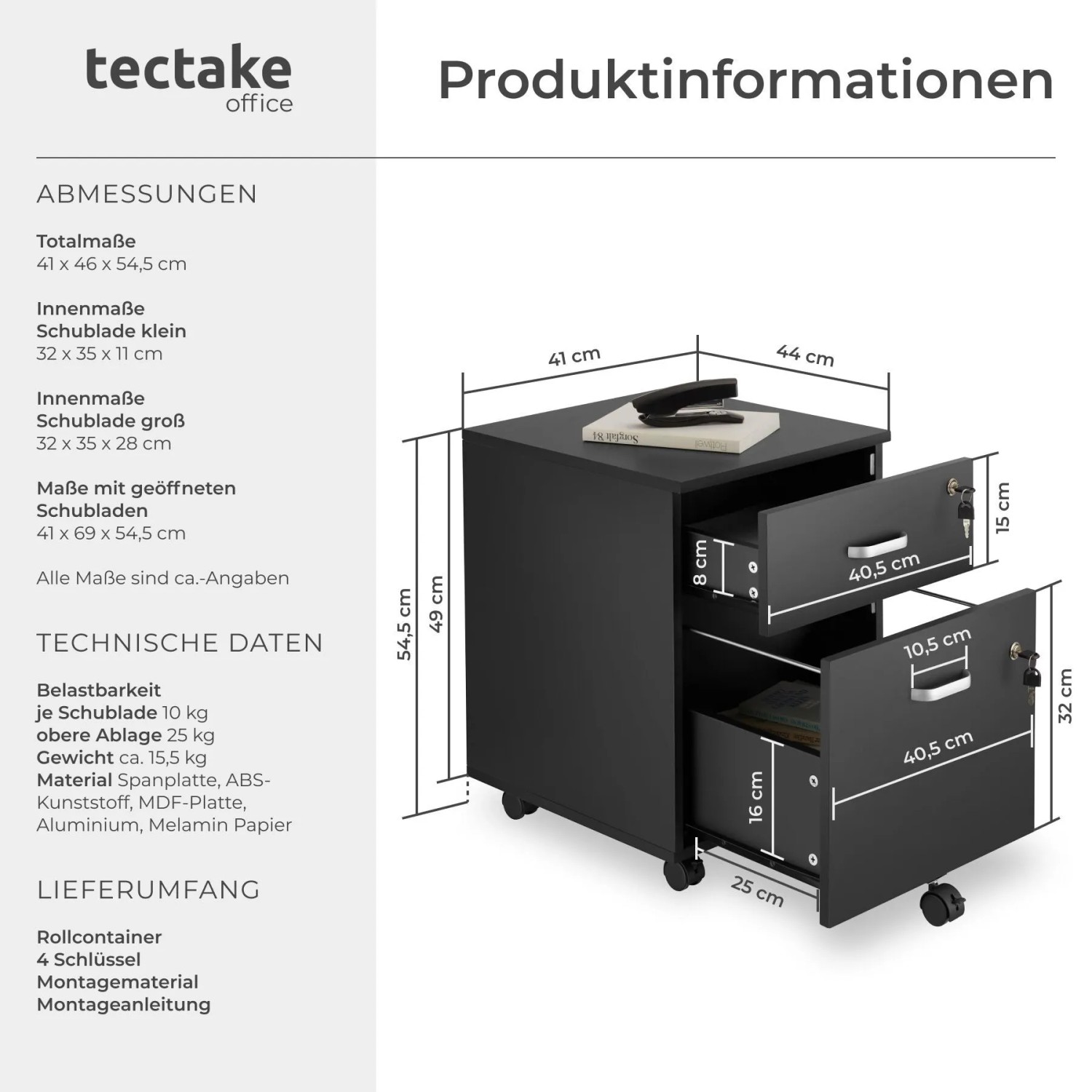 Tectake Rollcontainer Vagur Mit 2 Schubladen Für Dokumente Im A4 Format Abschließbar  Inkl  Ersatzschlüsseln  46 x 40 x 54 50 cm Schwarz_6