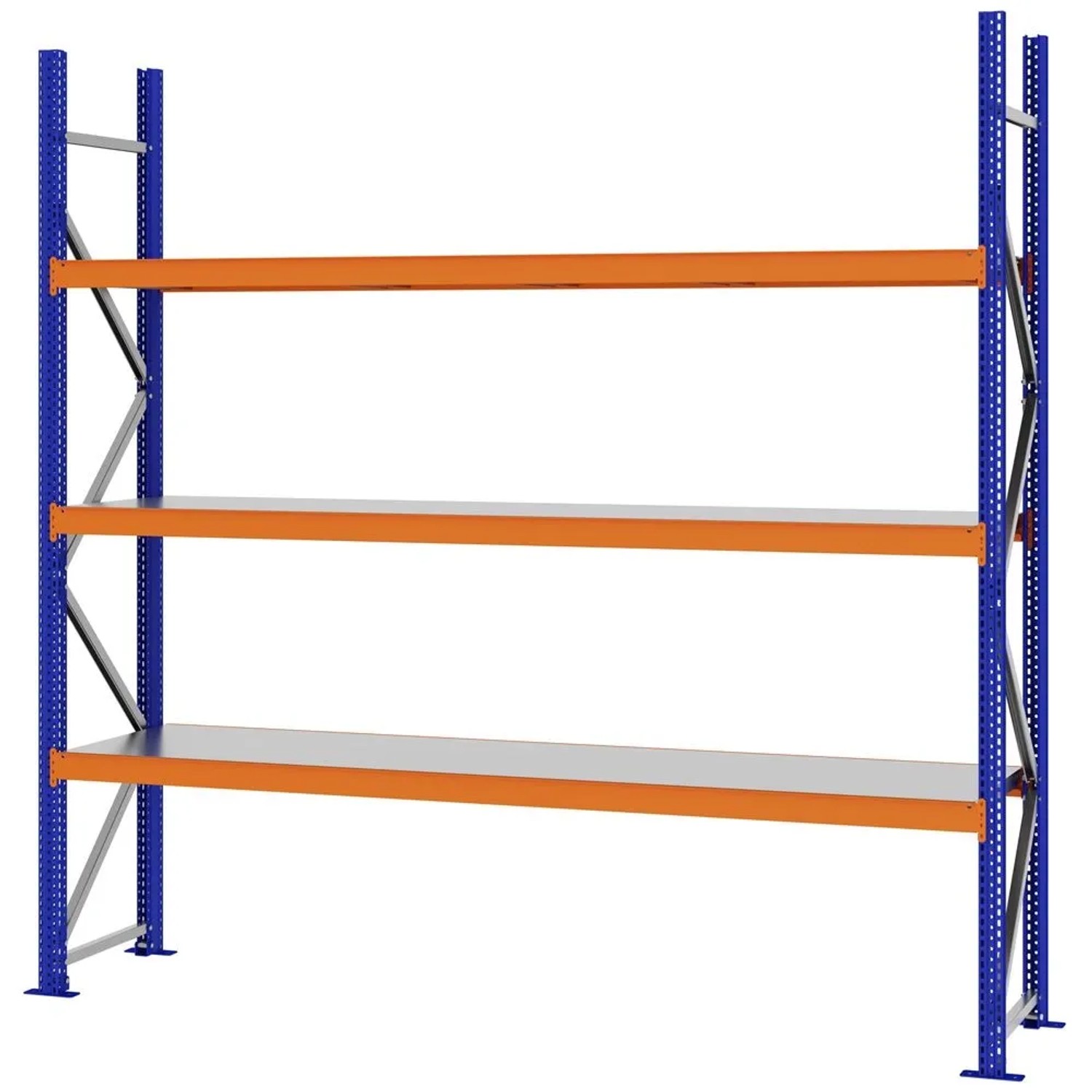 PROREGAL Weitspannregal Schraub-Stecksystem MAGNUS PRO Made In Germany Grundregal 250x250x50cm 3 Ebenen Stahlböden Fachlast 430kg Blau/Orange