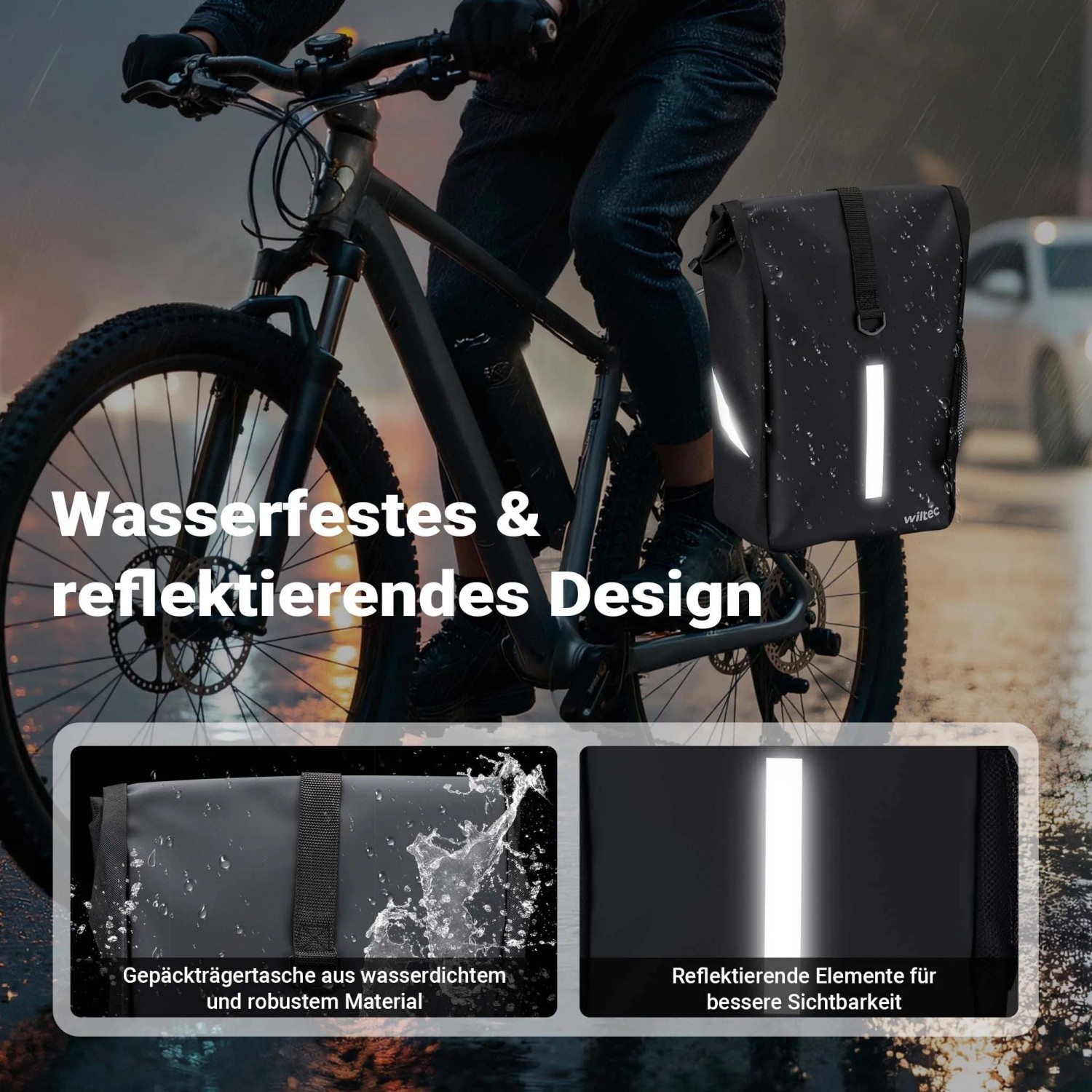 Wiltec Gepäckträgertasche matt schwarz 16L am Fahrrad, wasserdicht mit reflektierenden Elementen für Sichtbarkeit.