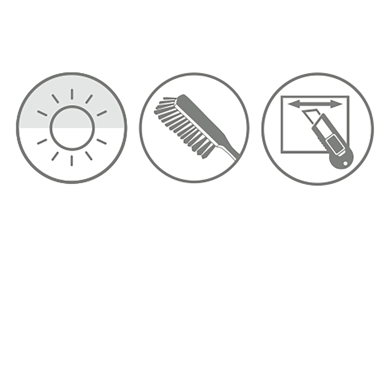 Symbole für Funktionen des Gardinia EasyFix Rollos: Lichtdurchlässigkeit, Reinigung, Zuschneiden.