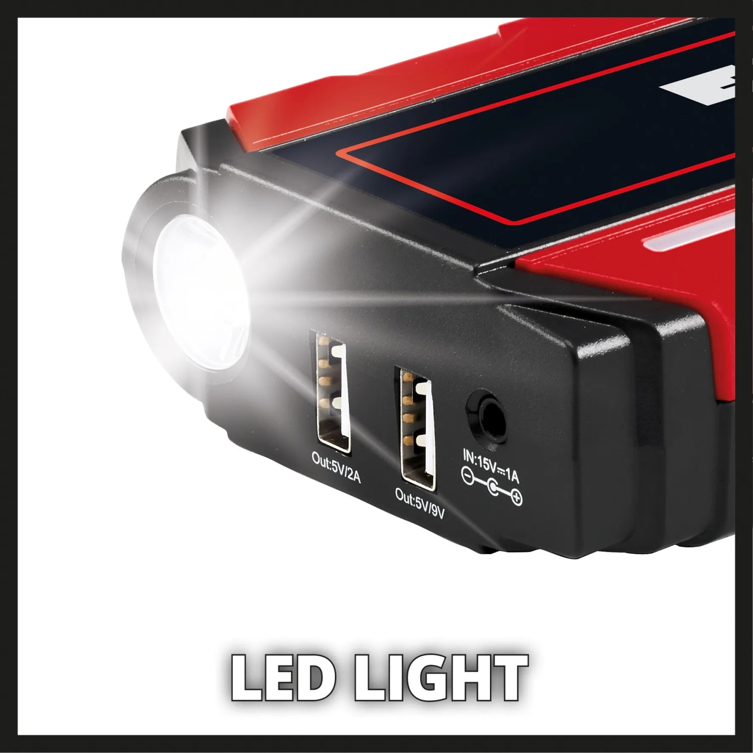 Einhell Power Bank CE-JS 12 mit LED-Licht, USB-Anschlüssen und Starthilfe-Funktion.