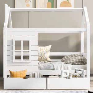 Merax Hausbett 80x160 Kinderbett mit Rausfallschutz Fenster Massivholz Weiß
