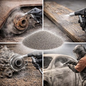 Graues Mischkorund Strahlmittel für Sandstrahlpistolen. Effiziente Reinigung von Rost, Farbe auf Metall, Holz, Auto.