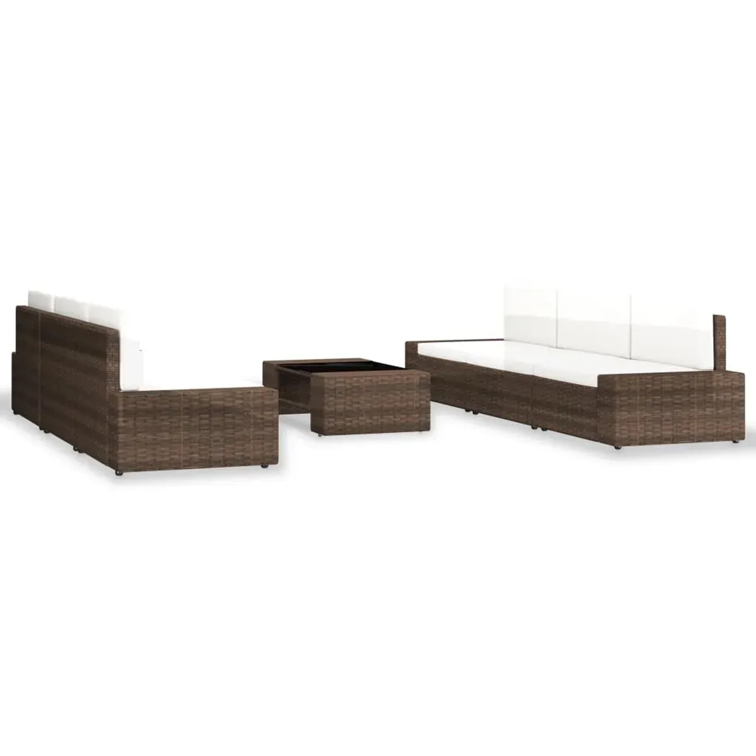 Braunes 7-teiliges Garten-Lounge-Set aus Rattan mit Tisch und cremeweißen Kissen.