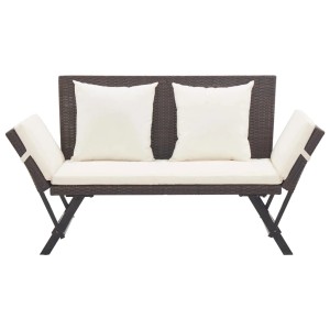 Braune VidaXL Gartenbank aus Rattan mit Auflagen und Kissen.