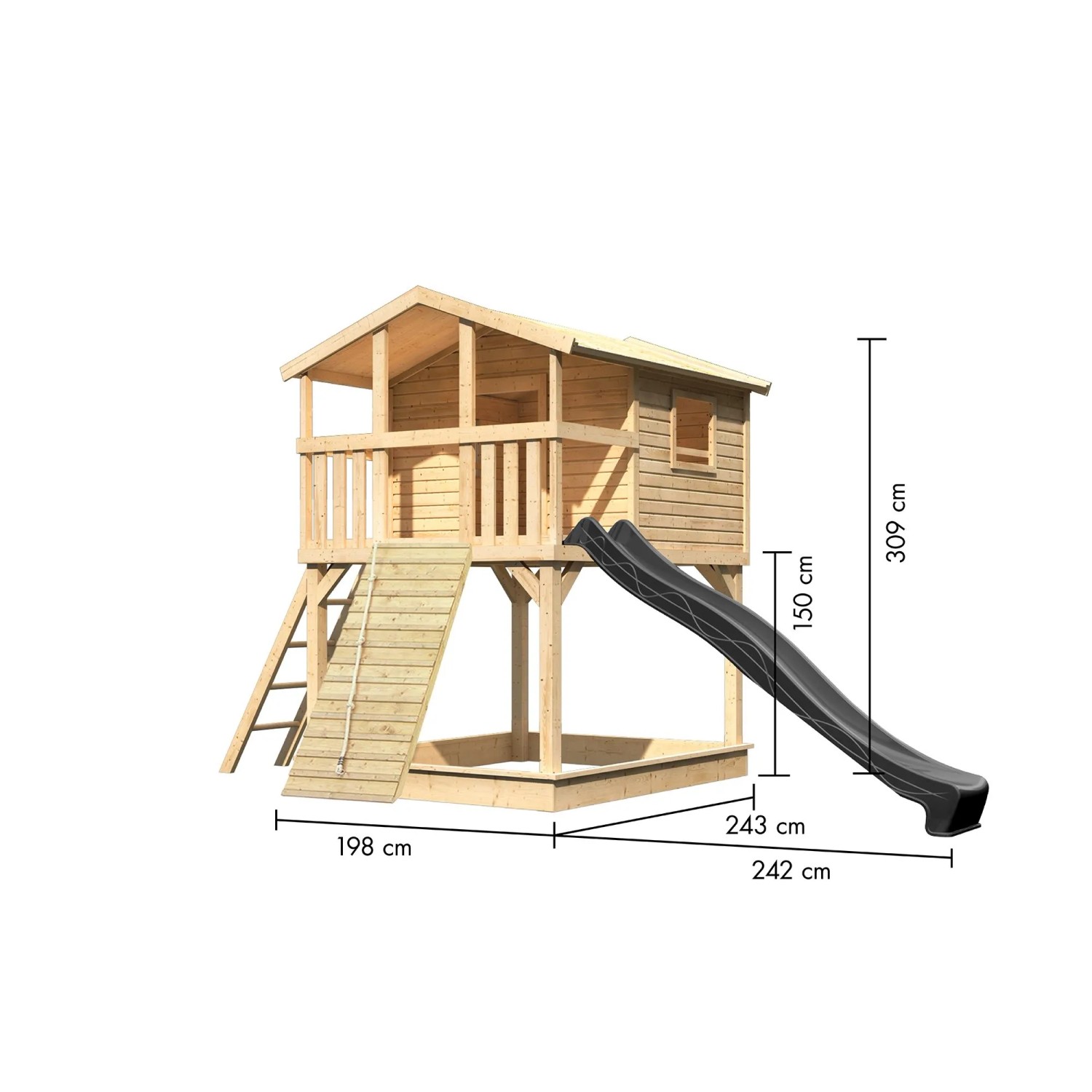 Karibu Stelzenhaus Benjamin aus hellem Fichtenholz mit schwarzer Rutsche und Holzrampe für Kinder im Garten.