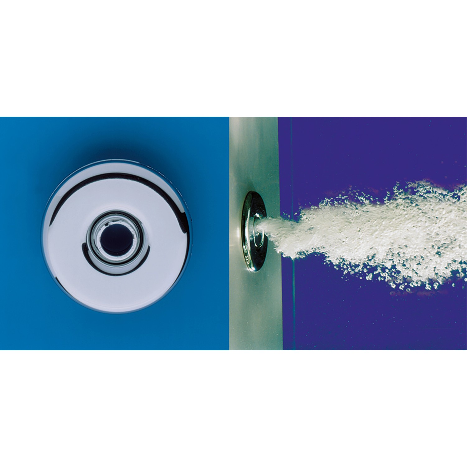 Detailaufnahme: Ottofond Whirlpool Loredana Düse und Bedienelement in Chrom.