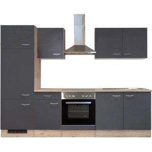 Moderne Einbauküche Morena in Basaltgrau und San Remo Eiche mit E-Geräten.