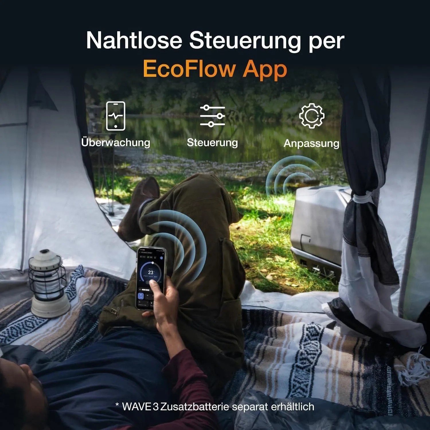 Person steuert EcoFlow WAVE 3 mobiles Klimagerät per App im Zelt. Kühl- und Heizfunktion für Camping.