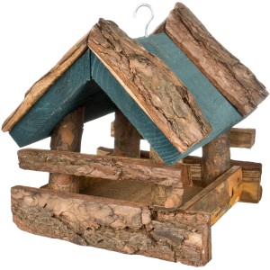 Dunkelgrünes Vogelhaus mit Rindendach zum Aufhängen, aus FSC®-zertifiziertem Holz.