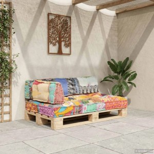 Mehrfarbige vidaXL Palettensofa-Auflage im Patchwork-Design auf einer Holzpalette.