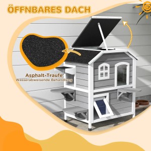 PawHut Katzenhaus mit 2 Etagen, Treppen und aufklappbarem Dach. Ideal für drinnen und draußen.