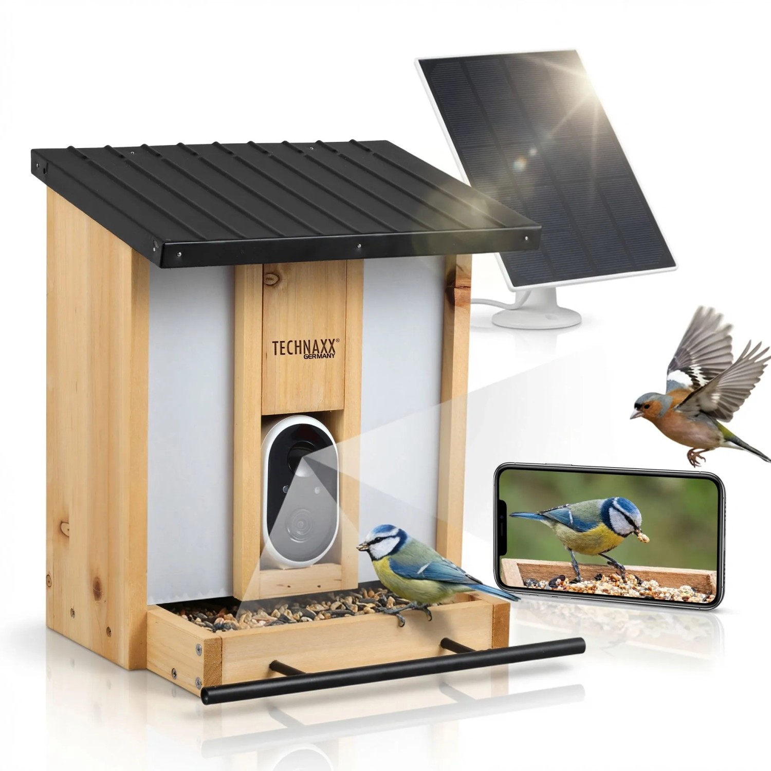 Technaxx WLAN-Birdcam Futterhaus TX-384 aus Holz mit integrierter HD-Kamera, Solarpanel und Vogelbeobachtung per App.