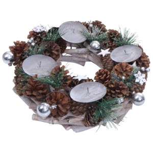 Silberner Adventskranz aus Holz (Ø 32cm) mit Kerzenhaltern, ohne Kerzen.
