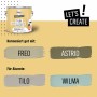 CREATE! by OBI Wandfarbe Tilda Hafergelb, mit Farbbeispielen Fred, Astrid, Tilo und Wilma.