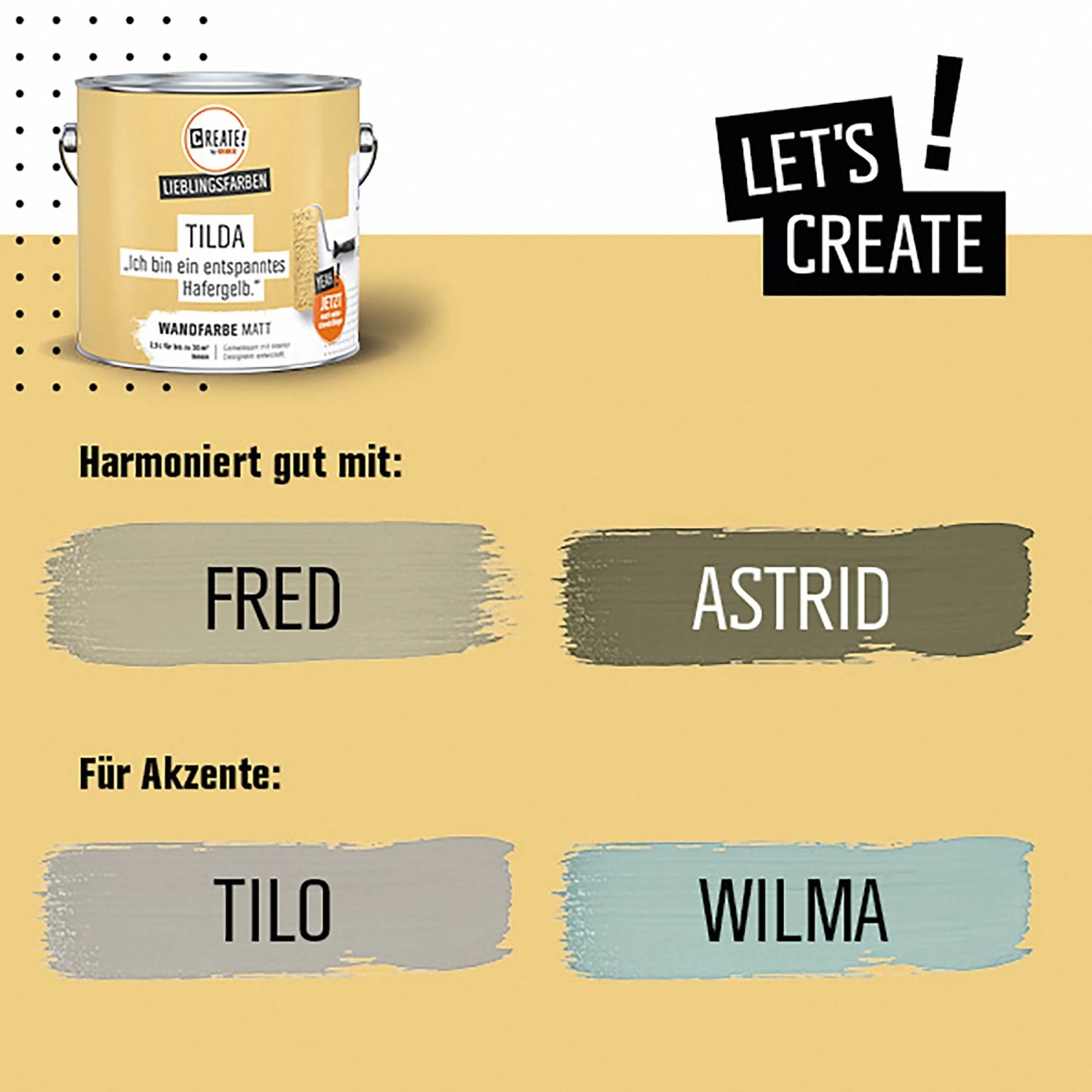 CREATE! by OBI Wandfarbe Tilda Hafergelb, mit Farbbeispielen Fred, Astrid, Tilo und Wilma.