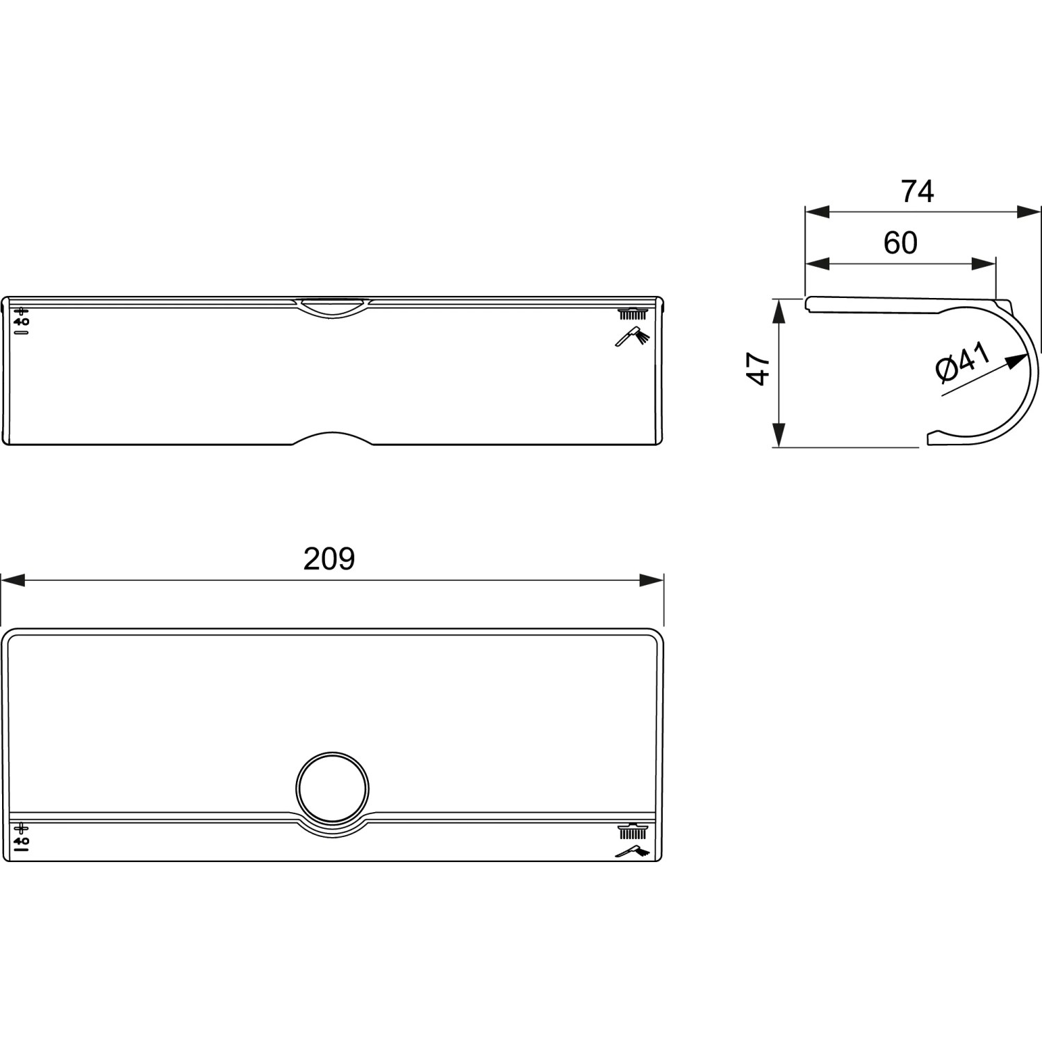 Technische Zeichnung: Ideal Standard Wrap-Over Ablage für Ceratherm T Duschsysteme, Chrom.