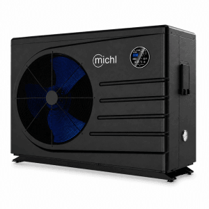 Schwarze Michl Inverter Pool-Wärmepumpe mit blauem Lüfter, Digitalanzeige. Effizientes Heizsystem für Pools.