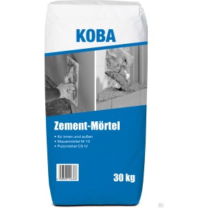 KOBA Zement-Mörtel 30 kg Sack, Trockenmörtel für Mauerwerk und Putz, blau-weiße Verpackung.
