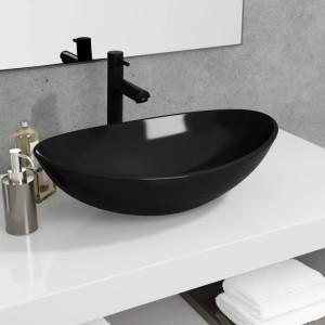 Schwarzes vidaXL Waschbecken aus Hartglas, ovale Form, modernes Design für Bad und WC.