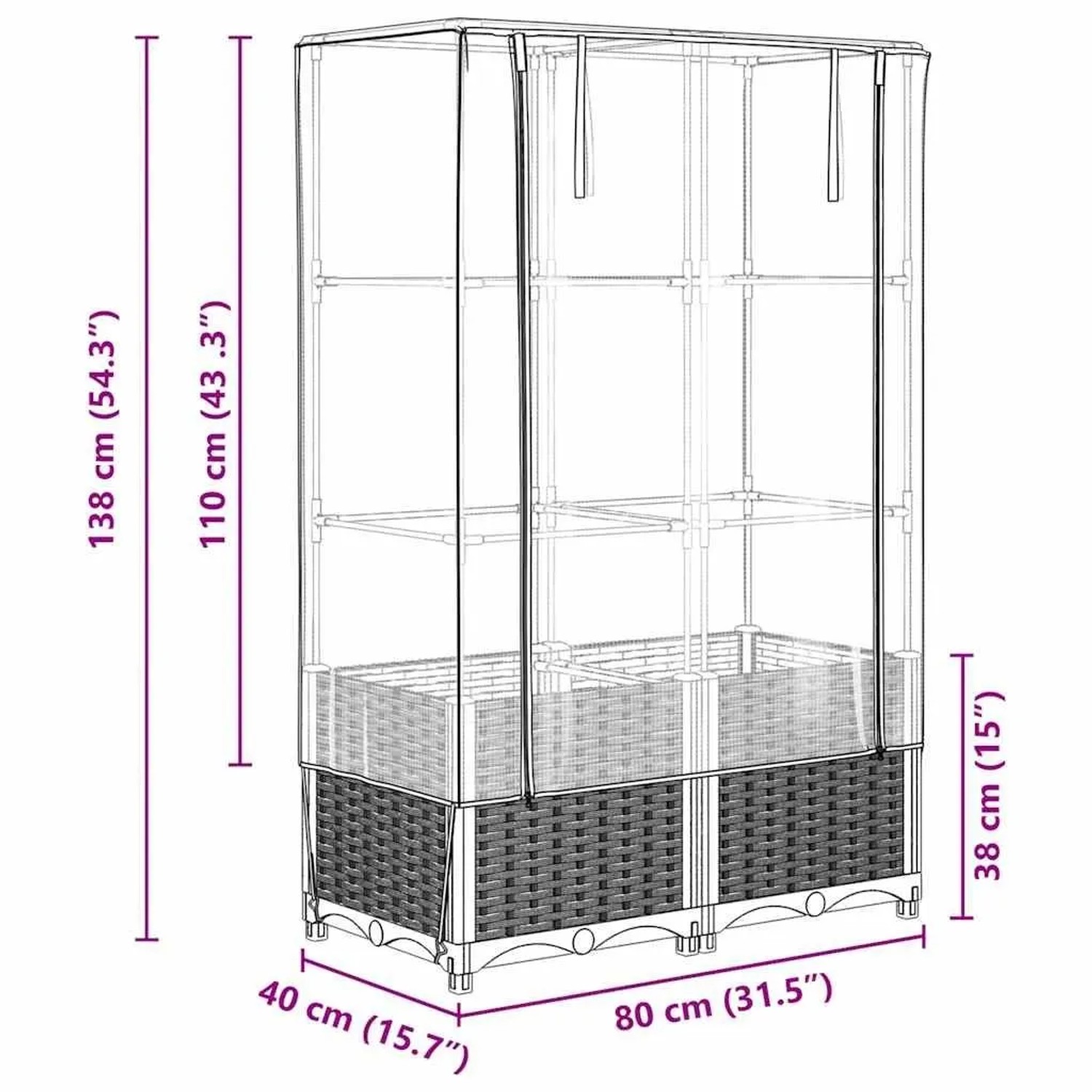 Schwarzes vidaXL Hochbeet mit Gewächshaus-Aufsatz in Rattan-Optik, 80x40x138 cm.