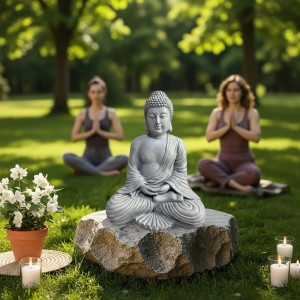 Relaxdays Buddha Figur Polyresin Hellgrau Wetterfest 42 cm x 29 cm x 20 cm