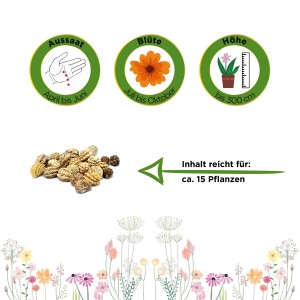 Samen der rankenden Kapuzinerkresse Mischung für ca. 15 Pflanzen. Aussaat, Blüte und Höhe Symbole.