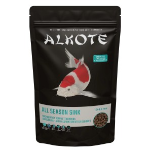 Alkote Fischfutter Sticks & Pellets, All Season Sink, 750g Packung mit Koi Karpfen Abbildung.