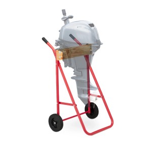 Rollbarer Außenborderständer aus Stahl und Holz, rot/natur, für Bootsmotoren bis 100 kg.