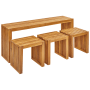 Gartentisch BELLANO aus hellem Akazienholz mit 3 passenden Hockern im Latten-Design, platzsparend untergeschoben.