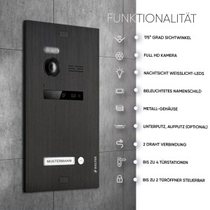 Schwarze Balter EVO-HD Video-Türsprechanlage mit App und 7-Zoll-Monitor für Einfamilienhäuser.